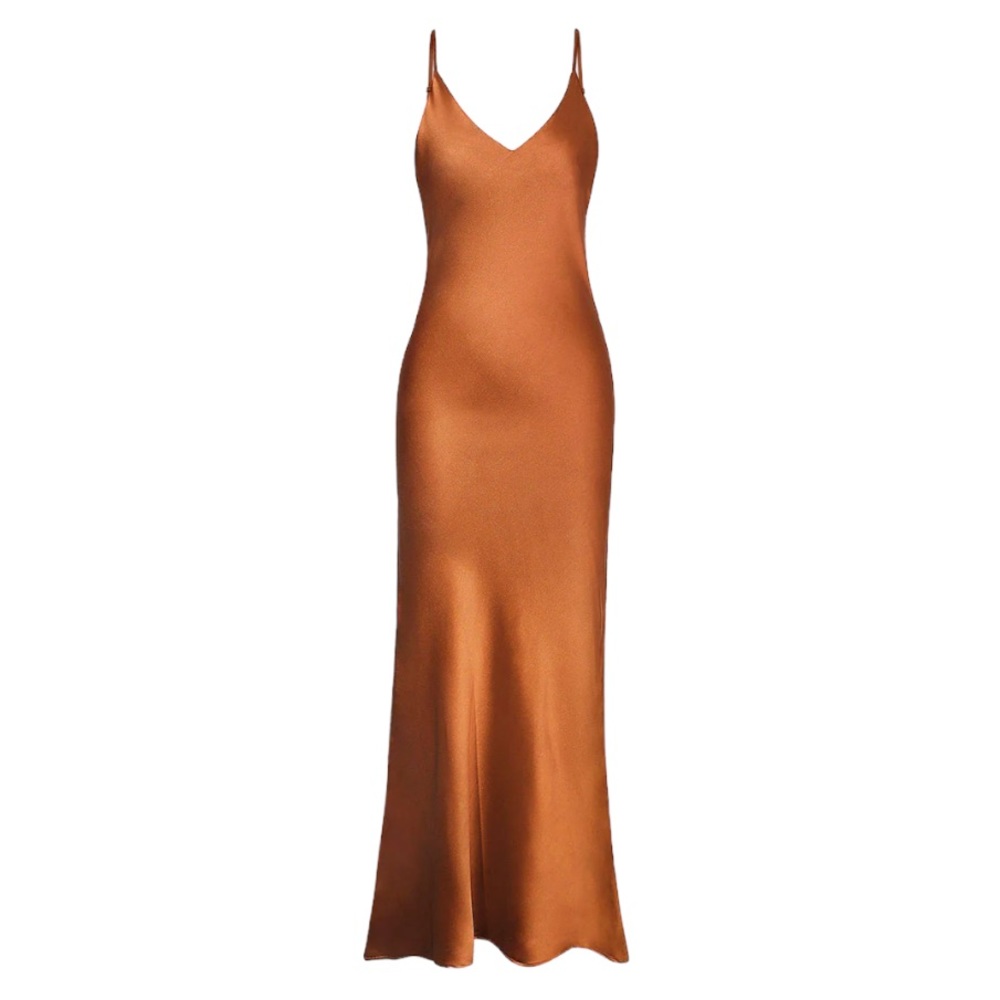 Micas Solid Color Satin Midi Slip Dress Copper Brown Size M